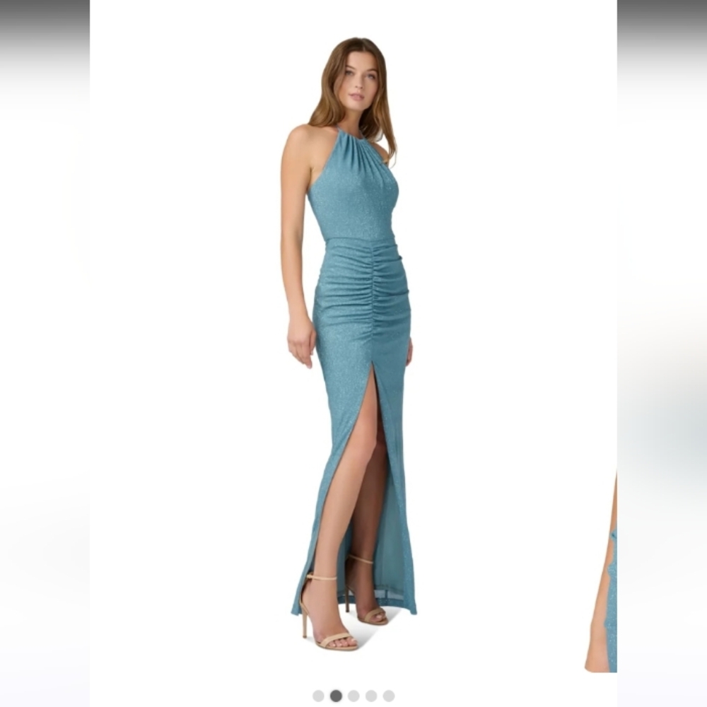 Aidan Mattox Metallic Knit Halter Gown, Icy Sage, Size 4